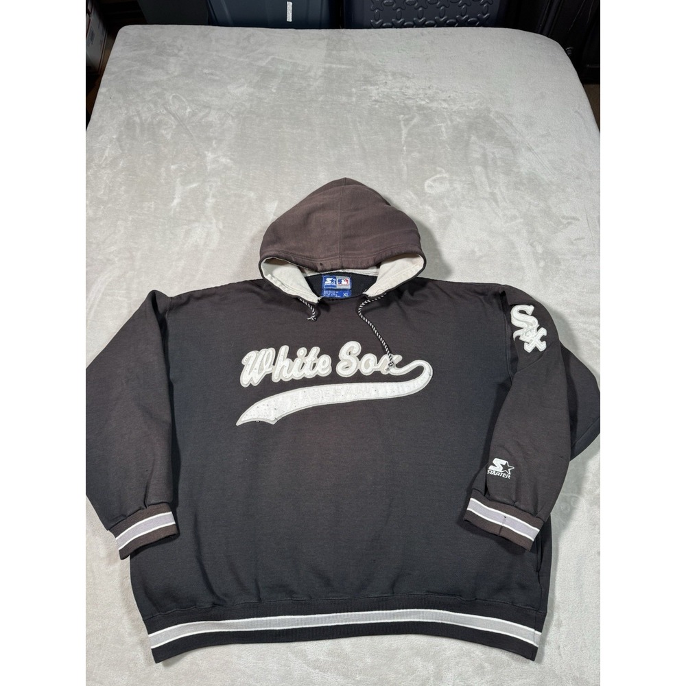 Vintage 90s White Sox Starter Pullover Hoodie Size XL Black Faded Distressed